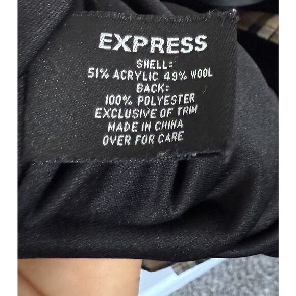 Express Womens Brown Nova Check Plaid Longline Coat Jacket Wool Blend 5/6 Small - Picture 2 of 8